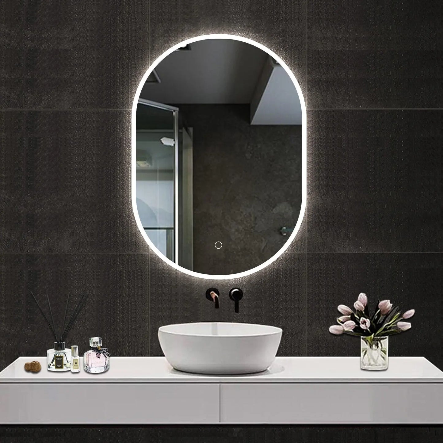 Oval Illuminated Bathroom Mirror with 3 LED Lights Dimmable Demister Light Up