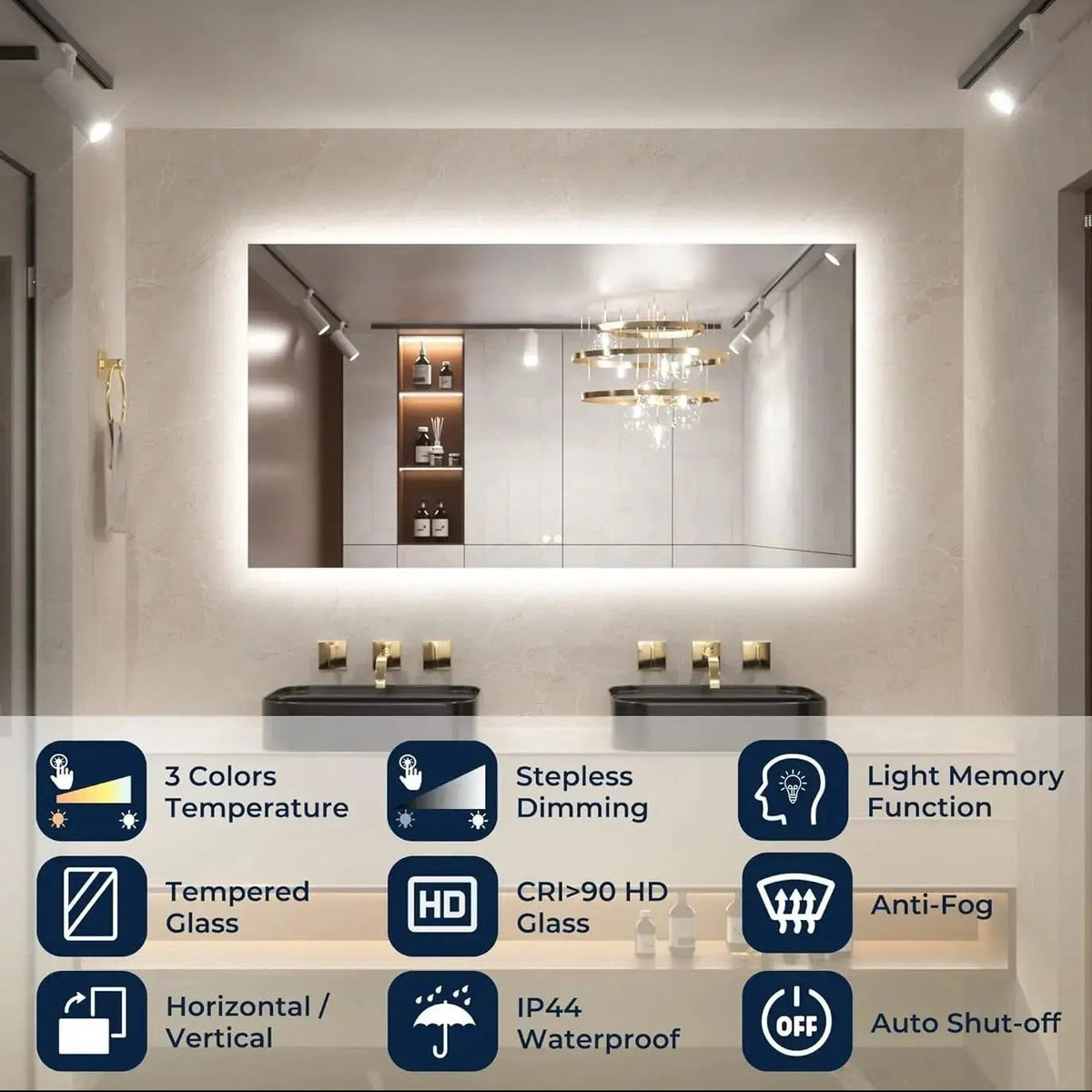 Bathroom Mirror with LED Lights, 90X90Cm Illuminated Light up Rectangle Bathroom Mirror with Backlit Light, Anti-Fog Wall Mounted Vanity Mirrors 3 Colors Dimmable, Memory Function