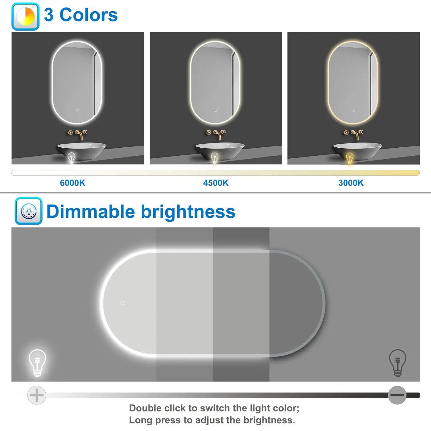 Oval Illuminated Bathroom Mirror with 3 LED Lights Dimmable Demister Light Up