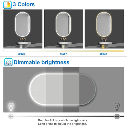 Oval Illuminated Bathroom Mirror with 3 LED Lights Dimmable Demister Light Up