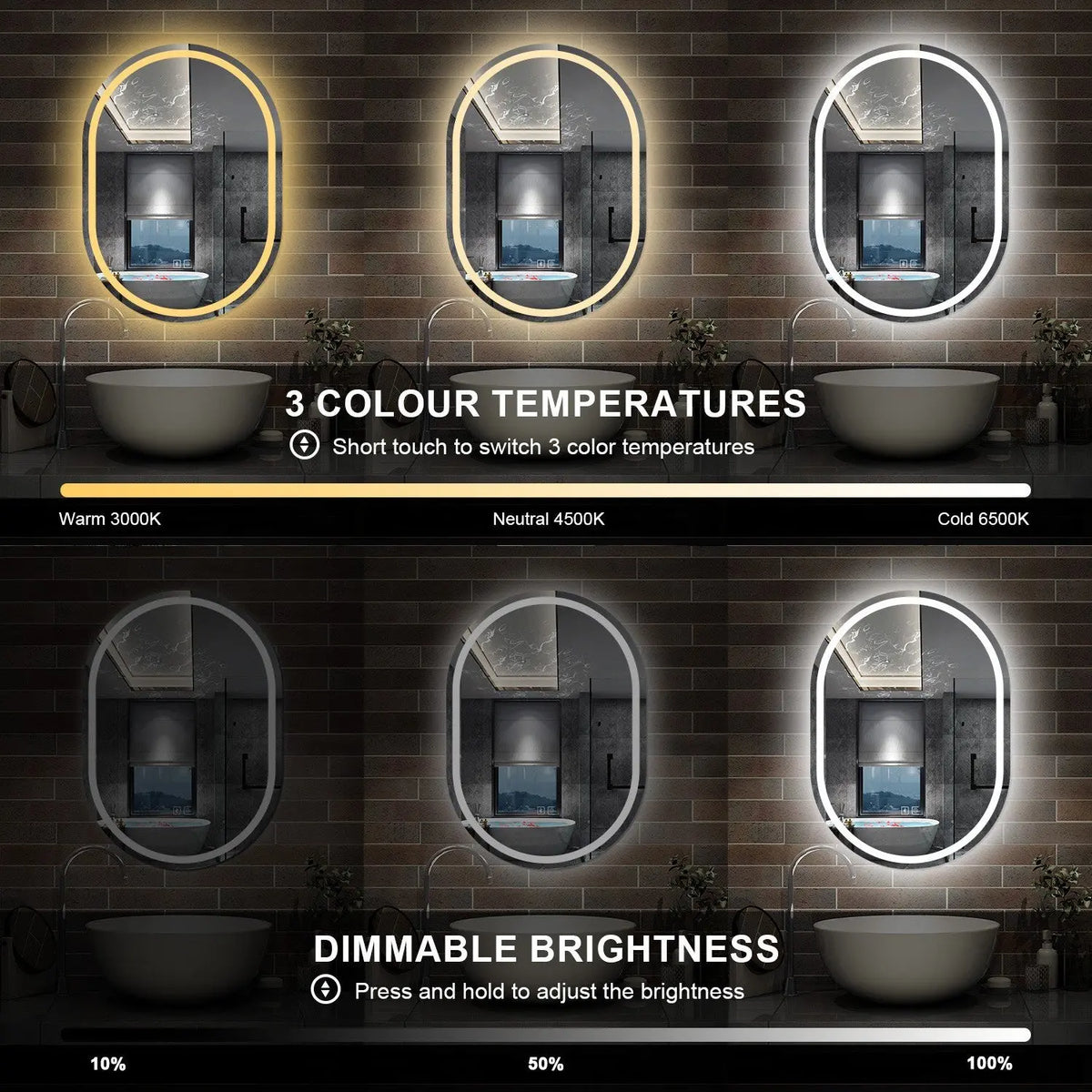 Oval Illuminated Bathroom Mirror with 3 LED Lights Dimmable Demister Light Up