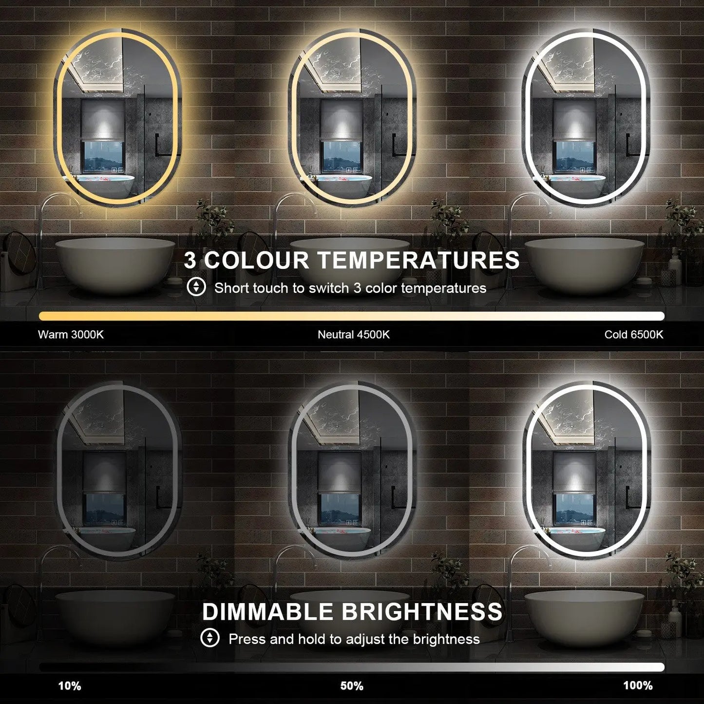 Oval Illuminated Bathroom Mirror with 3 LED Lights Dimmable Demister Light Up