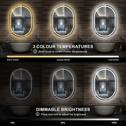 Oval Illuminated Bathroom Mirror with 3 LED Lights Dimmable Demister Light Up