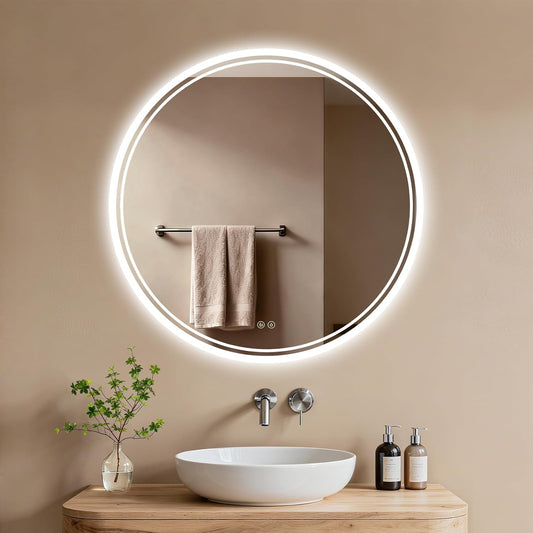 500Mm Round-Bathroom-Mirror-With-Led-Lights,Illuminated Wall Mounted Smart Mirror with Anti-Fog,Touch Sensor, 3 Colors Dimmable, Memory Function IP44 Led-Bathroom-Mirror