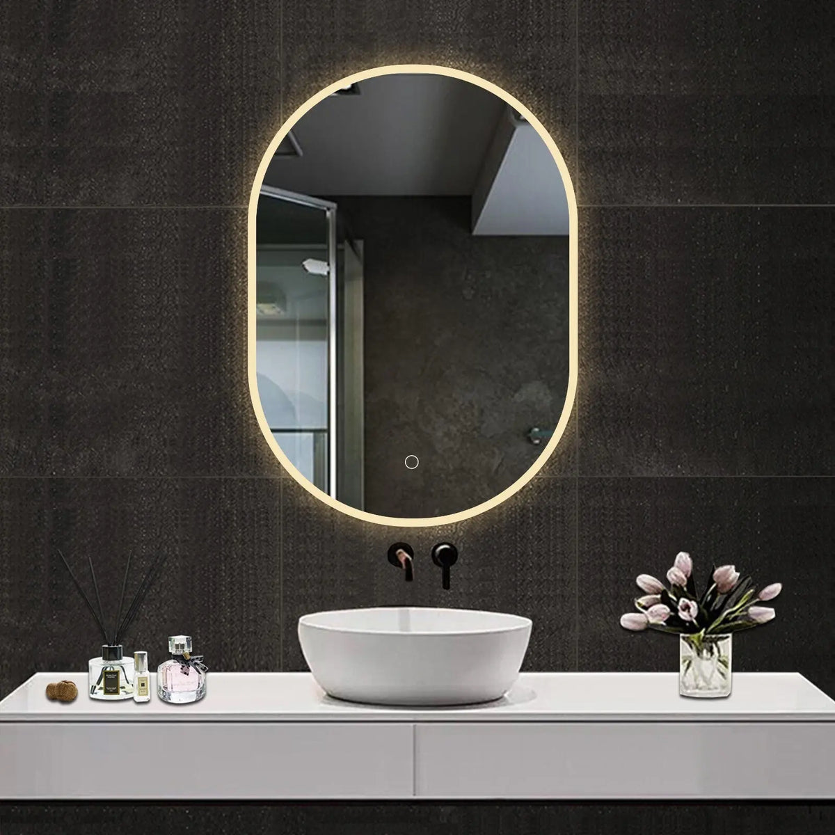 Oval Illuminated Bathroom Mirror with 3 LED Lights Dimmable Demister Light Up