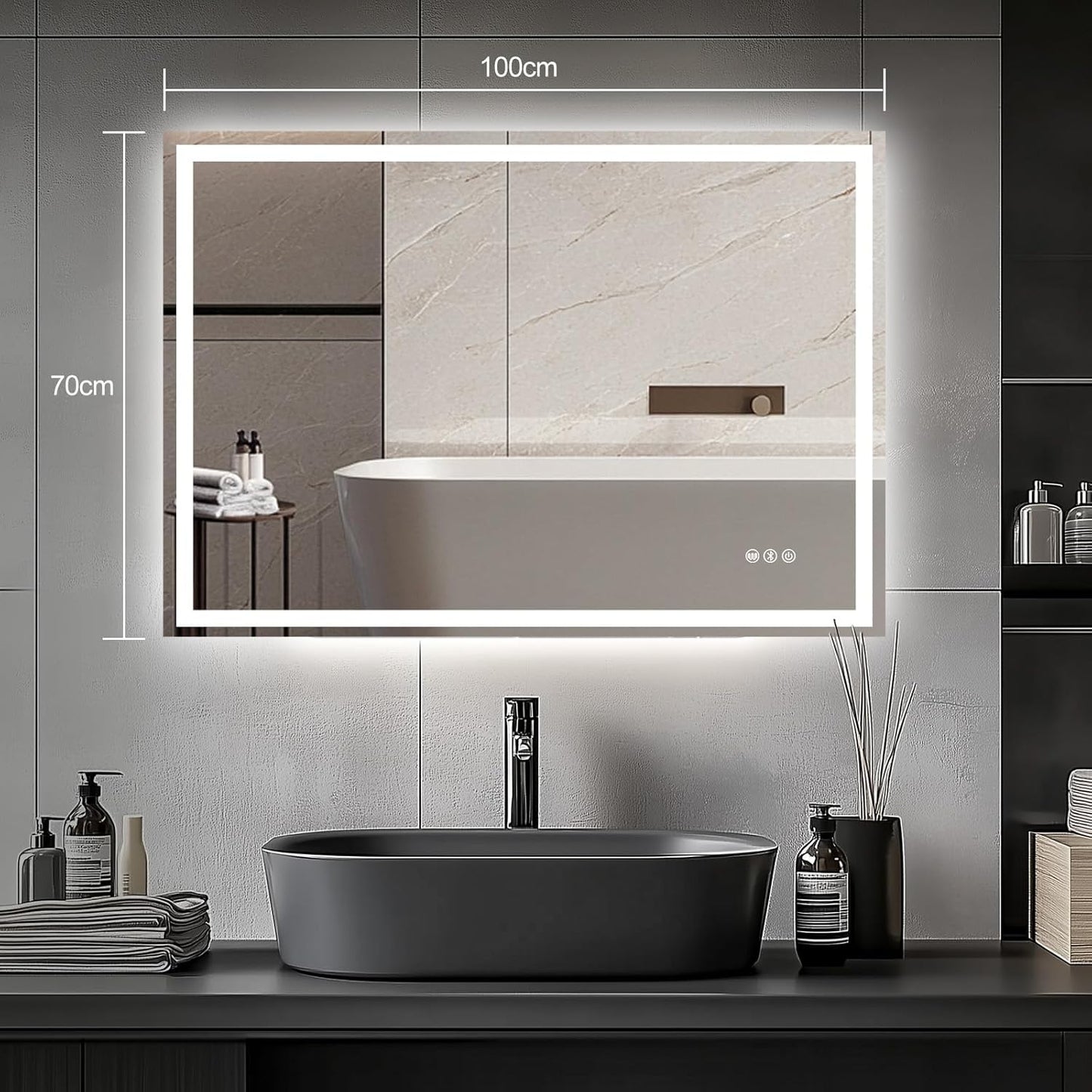 Bathroom Mirror with LED Lights 100X70Cm – Bluetooth LED Illuminated Mirror with Anti-Fog, 3 Colour Dimmable Lights, Touch Control & Memory Function | IP54 Rated, Horizontal/Vertical Mount
