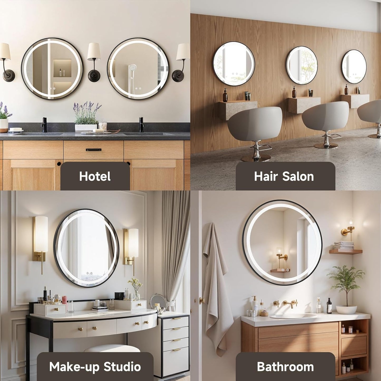 round Bathroom Mirror with Lights,40Cm LED Illuminated Bathroom Mirror with Dimmable Light Demister Pad Touch Switch,Black