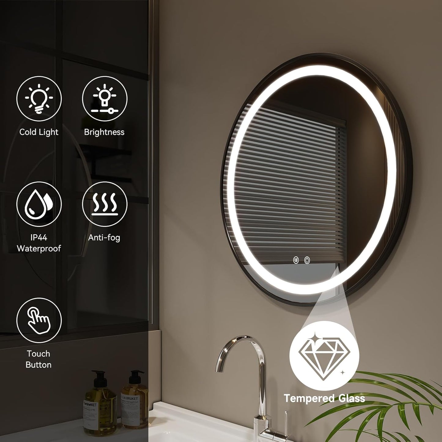 round Bathroom Mirror with Lights,40Cm LED Illuminated Bathroom Mirror with Dimmable Light Demister Pad Touch Switch,Black