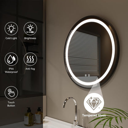 round Bathroom Mirror with Lights,40Cm LED Illuminated Bathroom Mirror with Dimmable Light Demister Pad Touch Switch,Black