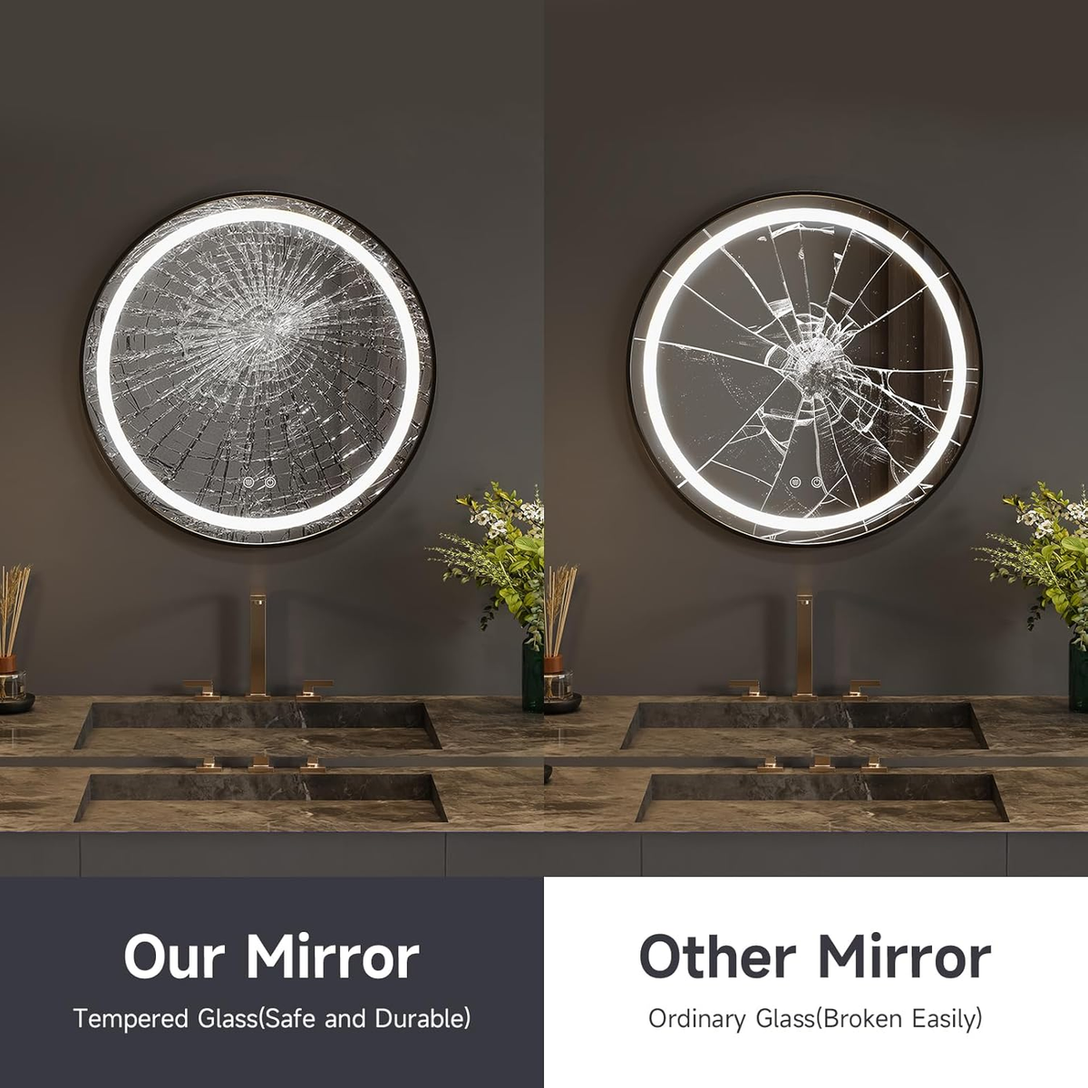 round Bathroom Mirror with Lights,40Cm LED Illuminated Bathroom Mirror with Dimmable Light Demister Pad Touch Switch,Black