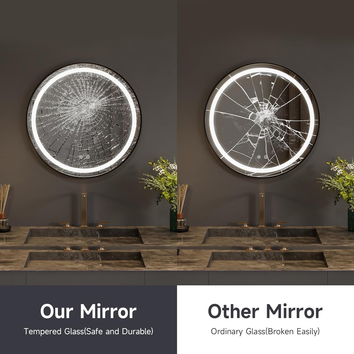 round Bathroom Mirror with Lights,40Cm LED Illuminated Bathroom Mirror with Dimmable Light Demister Pad Touch Switch,Black
