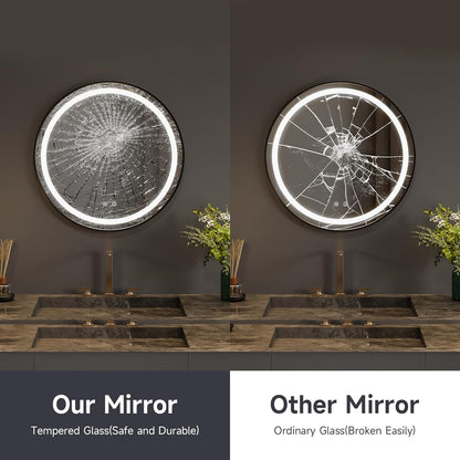 round Bathroom Mirror with Lights,40Cm LED Illuminated Bathroom Mirror with Dimmable Light Demister Pad Touch Switch,Black