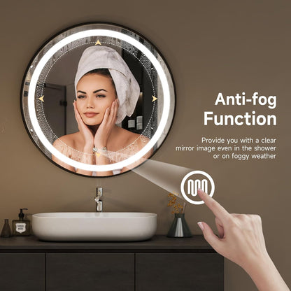 round Bathroom Mirror with Lights,40Cm LED Illuminated Bathroom Mirror with Dimmable Light Demister Pad Touch Switch,Black