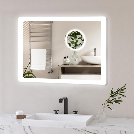 Bathroom Mirror with LED Lights, 70X50 Cm Bluetooth LED Wall Vanity Mirror with Anti-Fog and 3X Magnification, Illuminated Bathroom LED Smart Mirror, 6500K
