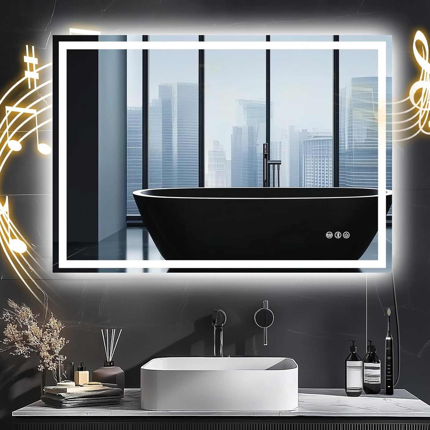 Bathroom Mirror with LED Lights 100X70Cm – Bluetooth LED Illuminated Mirror with Anti-Fog, 3 Colour Dimmable Lights, Touch Control & Memory Function | IP54 Rated, Horizontal/Vertical Mount