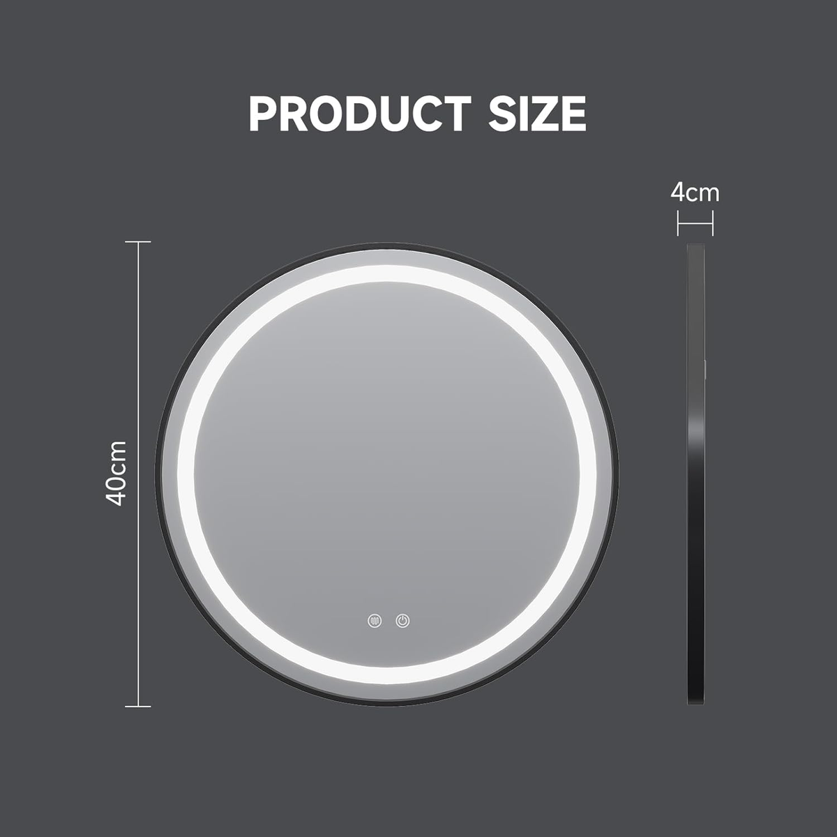 round Bathroom Mirror with Lights,40Cm LED Illuminated Bathroom Mirror with Dimmable Light Demister Pad Touch Switch,Black