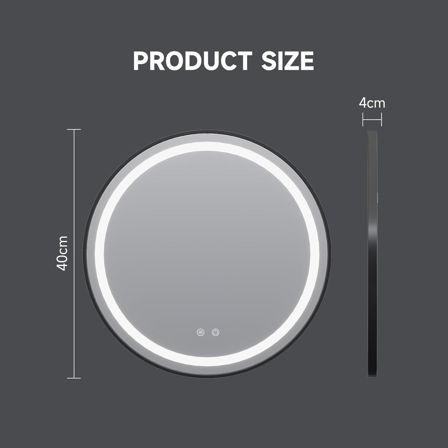 round Bathroom Mirror with Lights,40Cm LED Illuminated Bathroom Mirror with Dimmable Light Demister Pad Touch Switch,Black