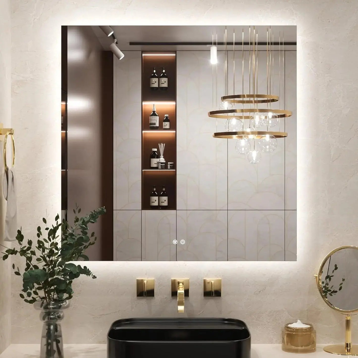 Bathroom Mirror with LED Lights, 90X90Cm Illuminated Light up Rectangle Bathroom Mirror with Backlit Light, Anti-Fog Wall Mounted Vanity Mirrors 3 Colors Dimmable, Memory Function