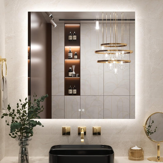 Bathroom Mirror with LED Lights, 90X90Cm Illuminated Light up Rectangle Bathroom Mirror with Backlit Light, Anti-Fog Wall Mounted Vanity Mirrors 3 Colors Dimmable, Memory Function