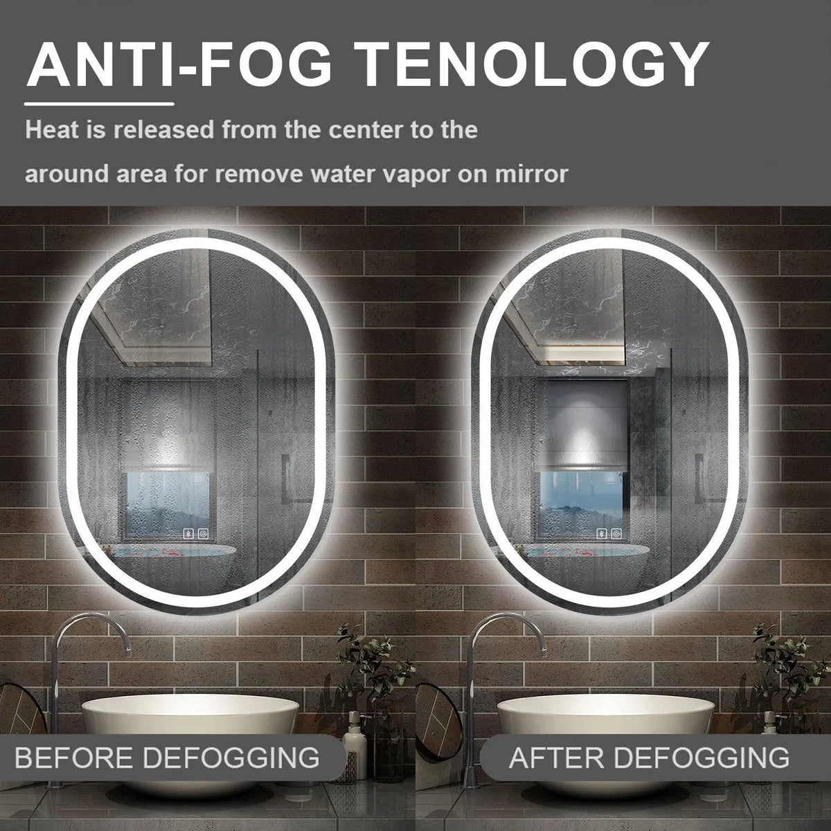 Oval Illuminated Bathroom Mirror with 3 LED Lights Dimmable Demister Light Up