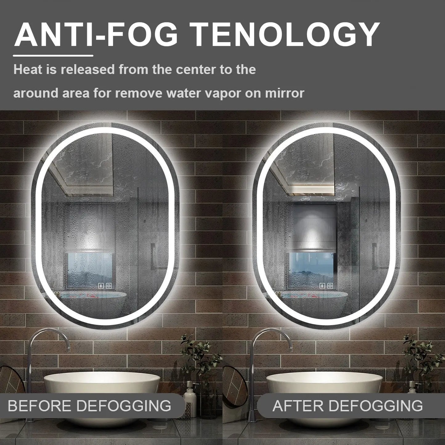 Oval Illuminated Bathroom Mirror with 3 LED Lights Dimmable Demister Light Up