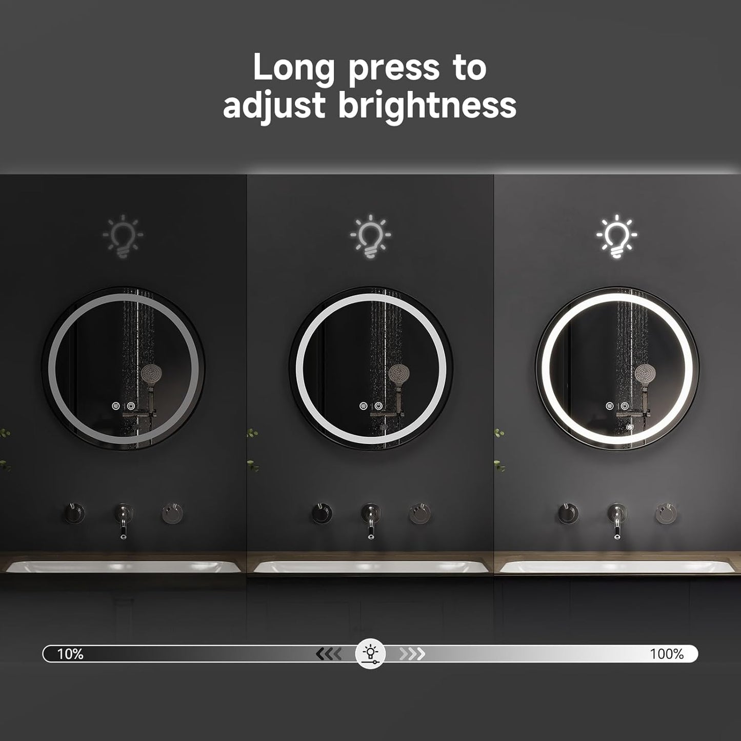 round Bathroom Mirror with Lights,40Cm LED Illuminated Bathroom Mirror with Dimmable Light Demister Pad Touch Switch,Black