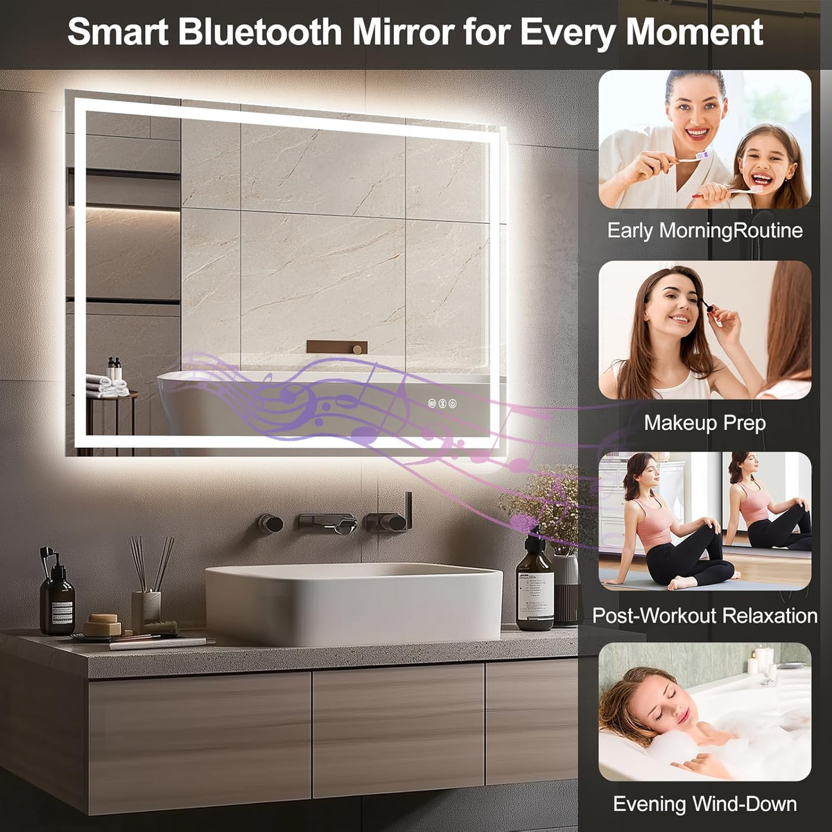 Bathroom Mirror with LED Lights 100X70Cm – Bluetooth LED Illuminated Mirror with Anti-Fog, 3 Colour Dimmable Lights, Touch Control & Memory Function | IP54 Rated, Horizontal/Vertical Mount