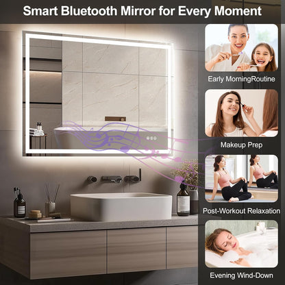 Bathroom Mirror with LED Lights 100X70Cm – Bluetooth LED Illuminated Mirror with Anti-Fog, 3 Colour Dimmable Lights, Touch Control & Memory Function | IP54 Rated, Horizontal/Vertical Mount