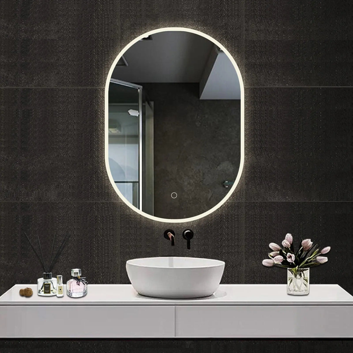 Oval Illuminated Bathroom Mirror with 3 LED Lights Dimmable Demister Light Up