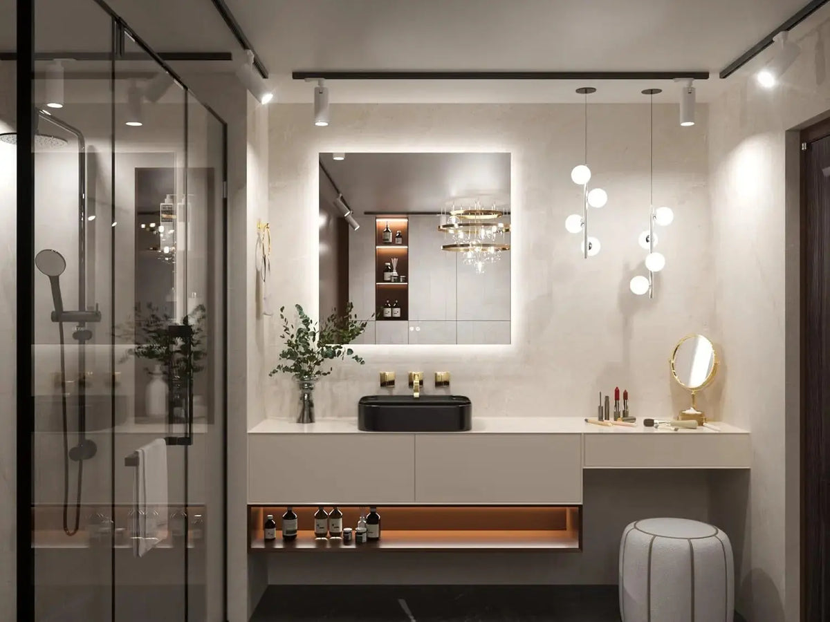 Bathroom Mirror with LED Lights, 90X90Cm Illuminated Light up Rectangle Bathroom Mirror with Backlit Light, Anti-Fog Wall Mounted Vanity Mirrors 3 Colors Dimmable, Memory Function