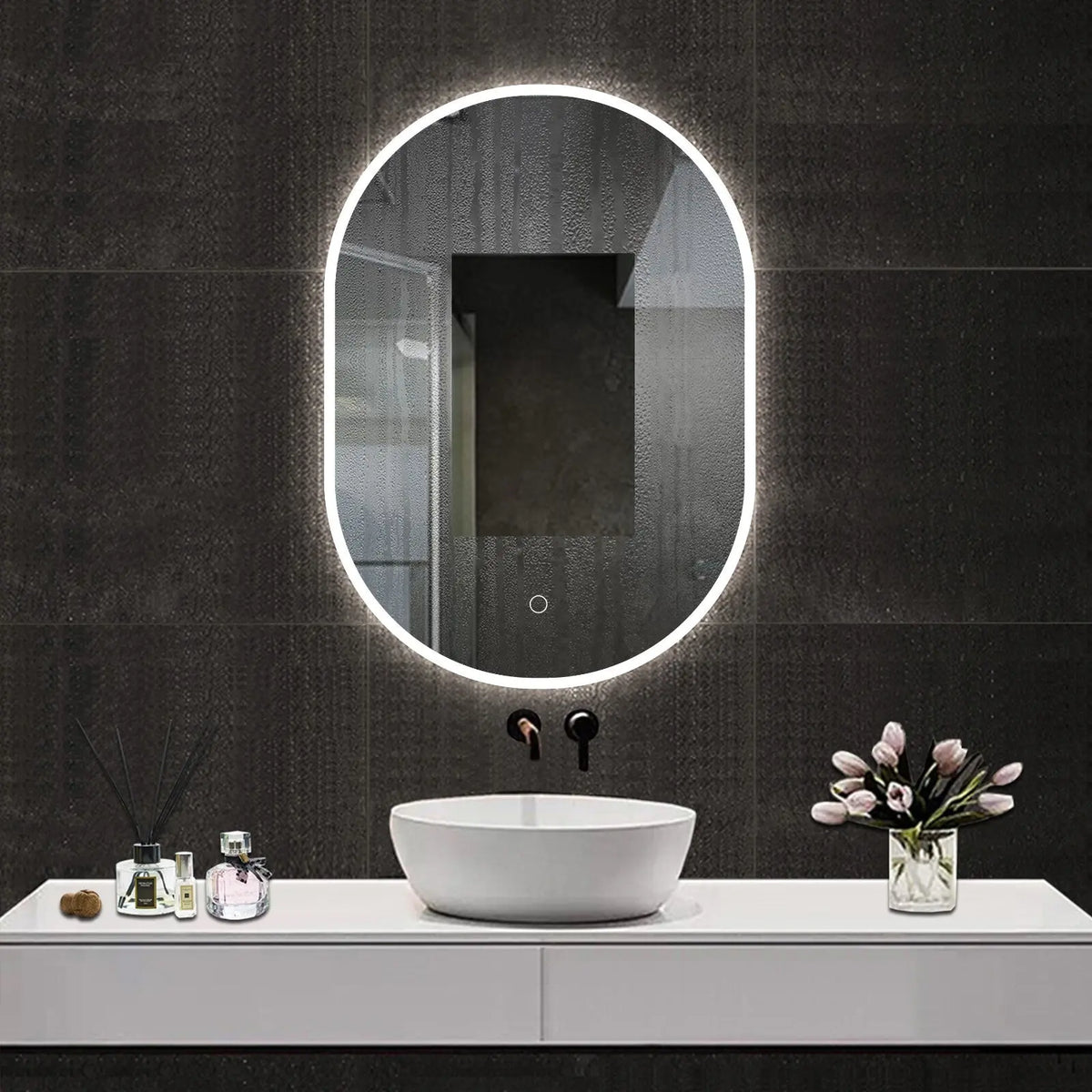 Oval Illuminated Bathroom Mirror with 3 LED Lights Dimmable Demister Light Up