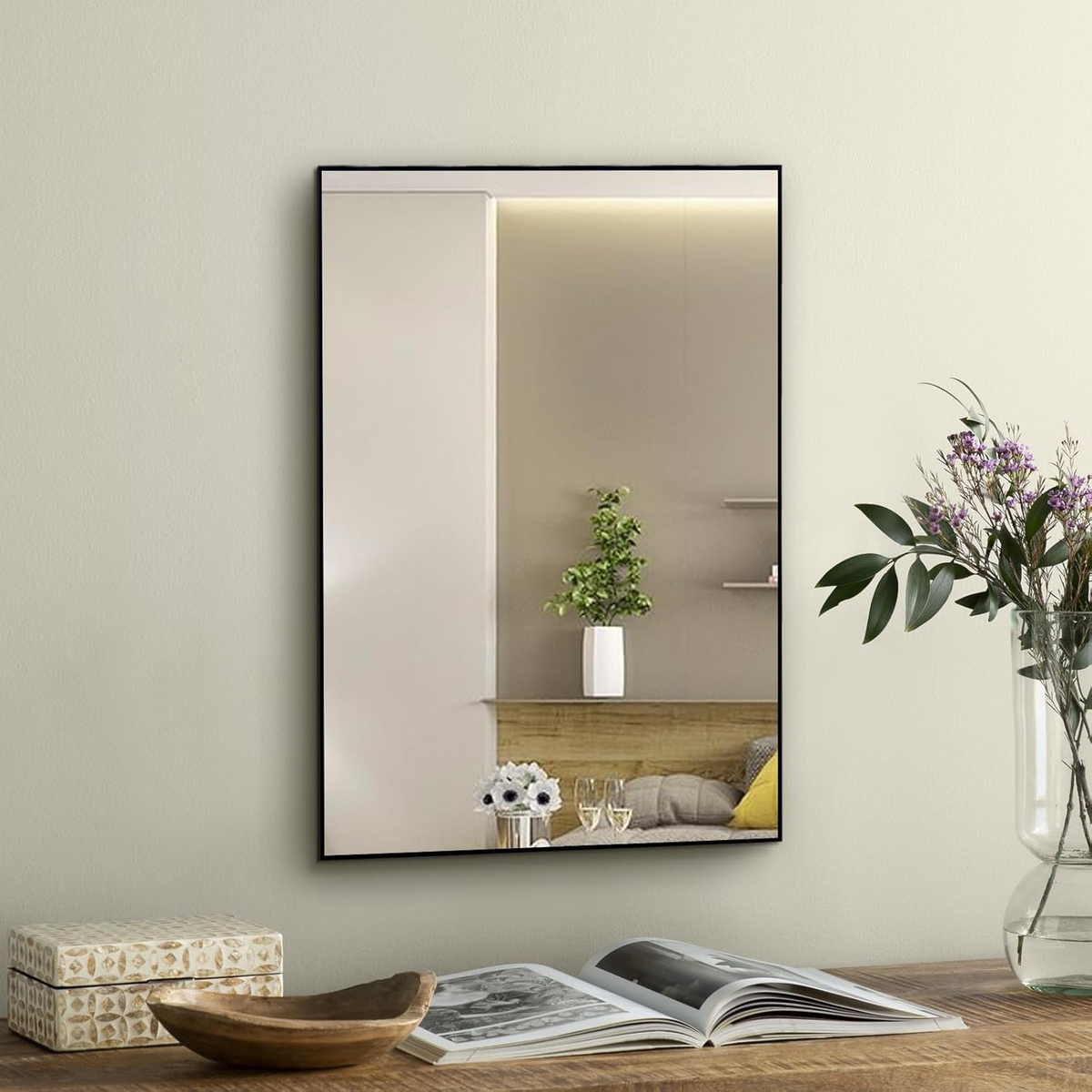 Bathroom Mirror for Wall Black Rectangular Frame Wall Mounted Mirror for Bedroom Makeup Living Room Entryways Hallway(40Cm X 60Cm)