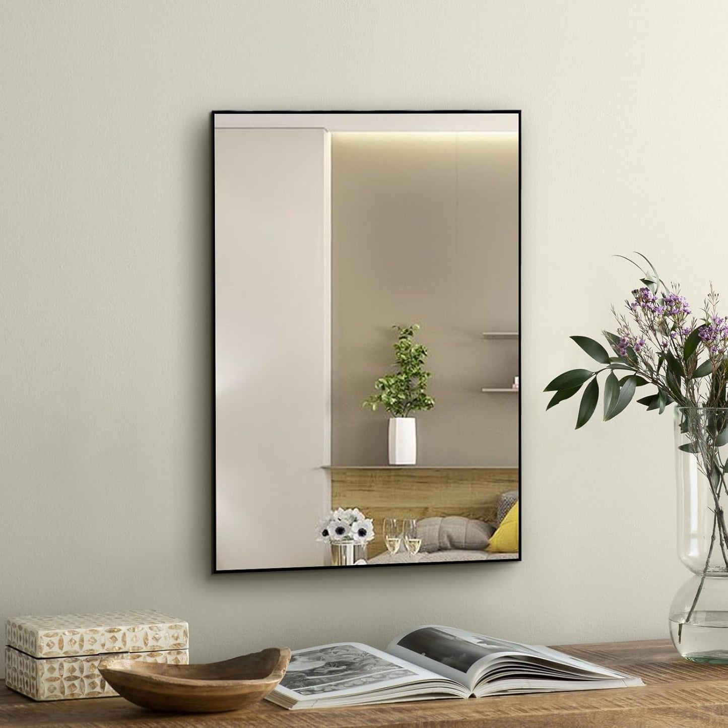 Bathroom Mirror for Wall Black Rectangular Frame Wall Mounted Mirror for Bedroom Makeup Living Room Entryways Hallway(40Cm X 60Cm)