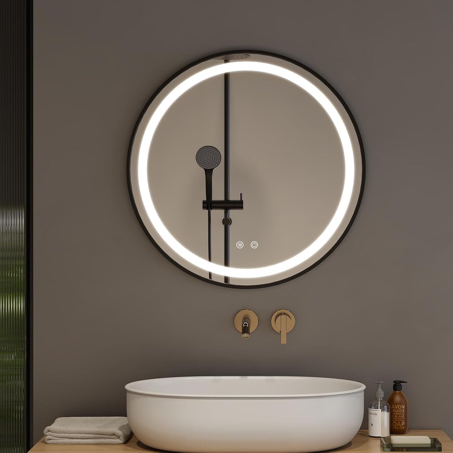 round Bathroom Mirror with Lights,40Cm LED Illuminated Bathroom Mirror with Dimmable Light Demister Pad Touch Switch,Black