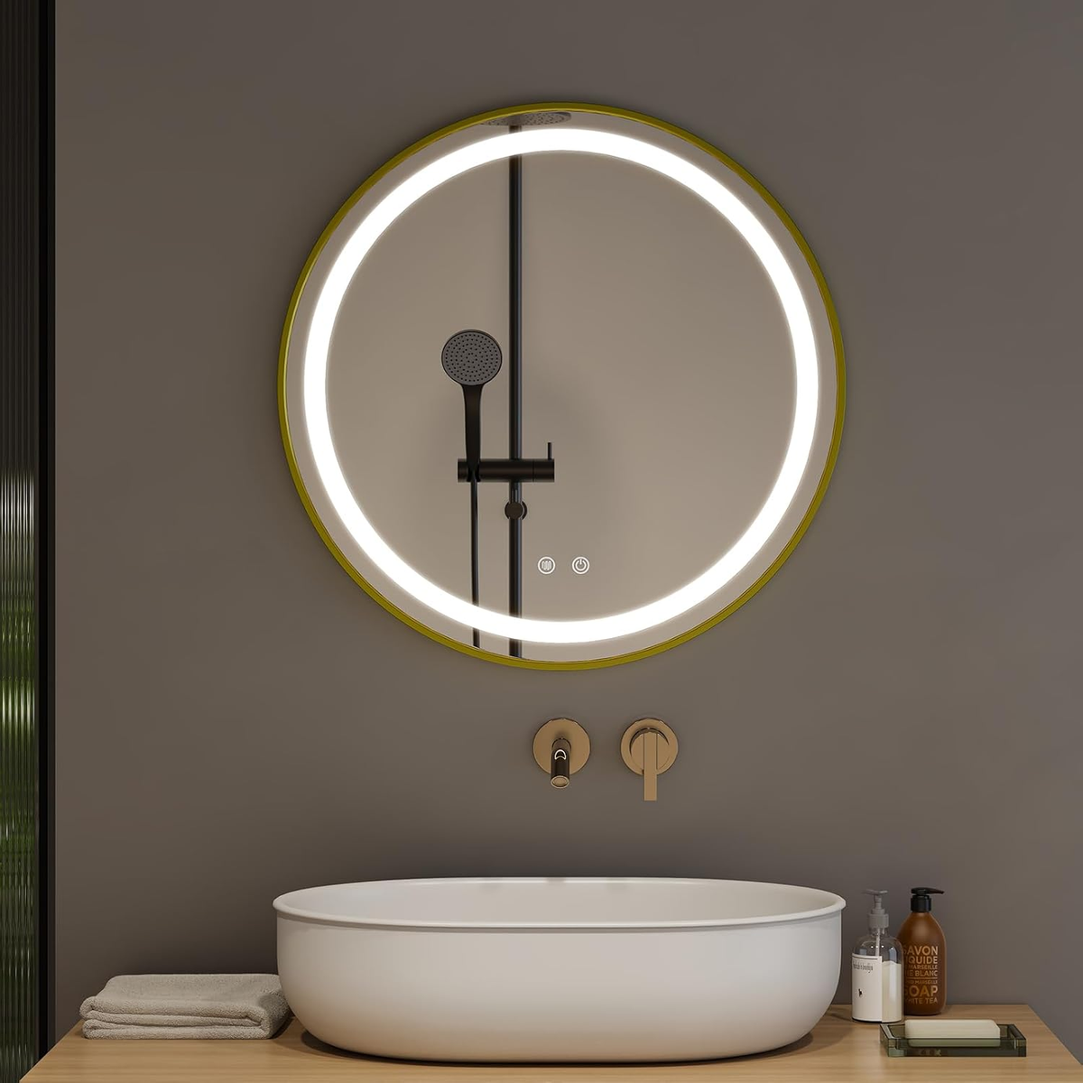 round Bathroom Mirror with Lights,40Cm LED Illuminated Bathroom Mirror with Dimmable Light Demister Pad Touch Switch,Black