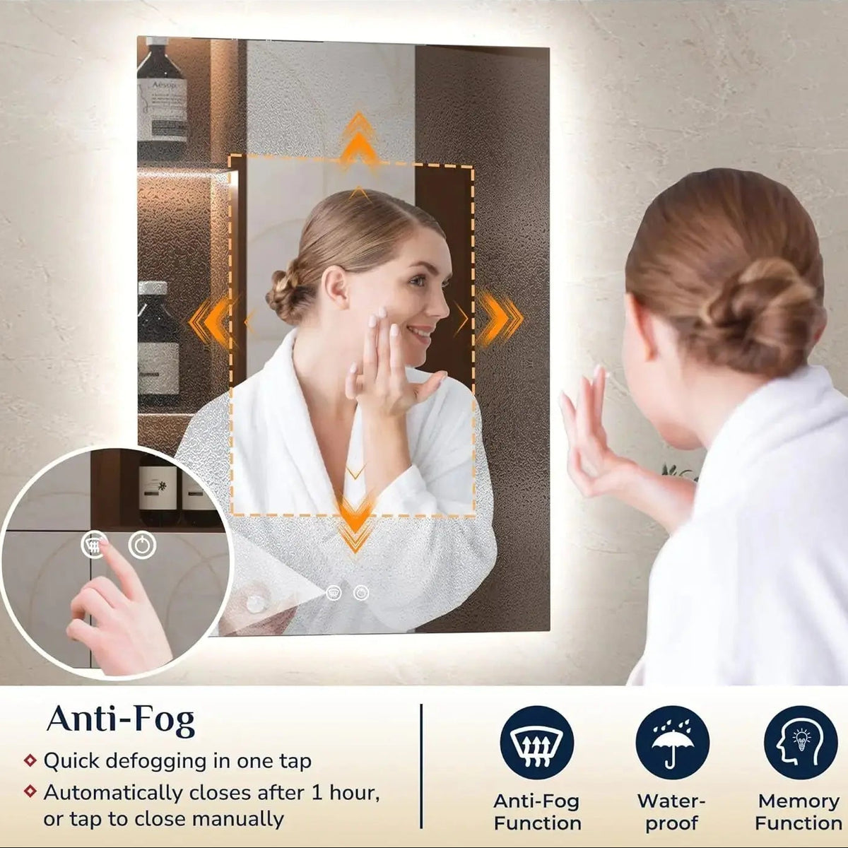 Bathroom Mirror with LED Lights, 90X90Cm Illuminated Light up Rectangle Bathroom Mirror with Backlit Light, Anti-Fog Wall Mounted Vanity Mirrors 3 Colors Dimmable, Memory Function